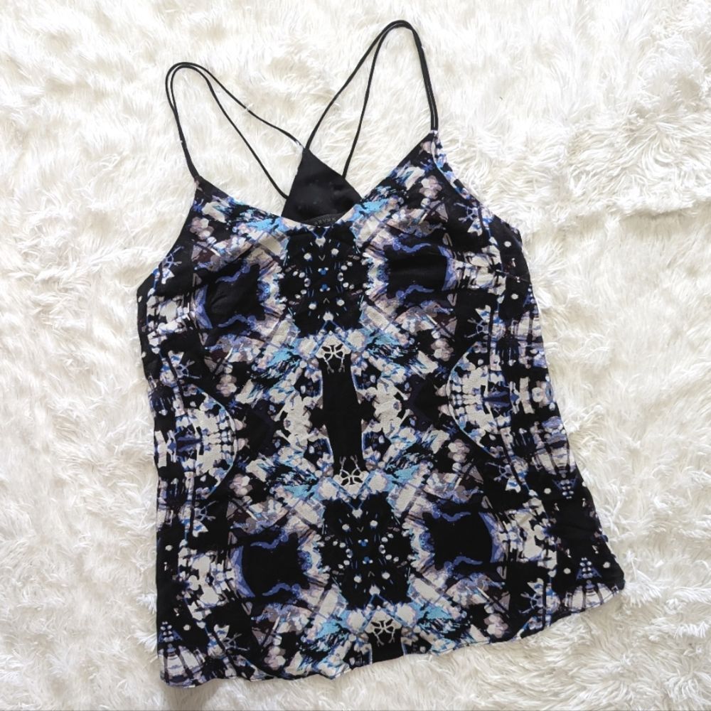 Aryn K 100% Silk Strappy Back Abstract Graphic Black & Blue Cami Top Size Small - Picture 3 of 10